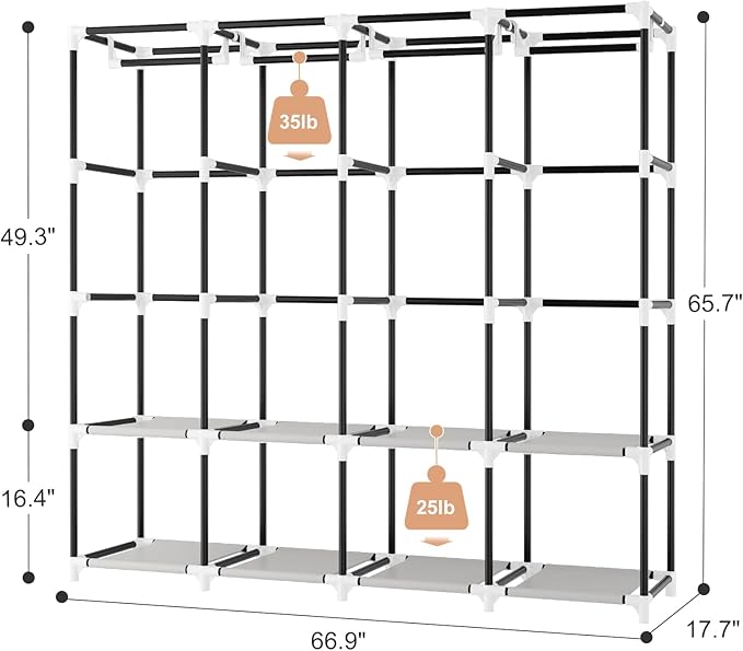 Portable Closet for Hanging Clothes, 67 Inch Wide Portable Wardrobe Closet with Cover, 4 Hanging Rod, Storage Shelves and Sid