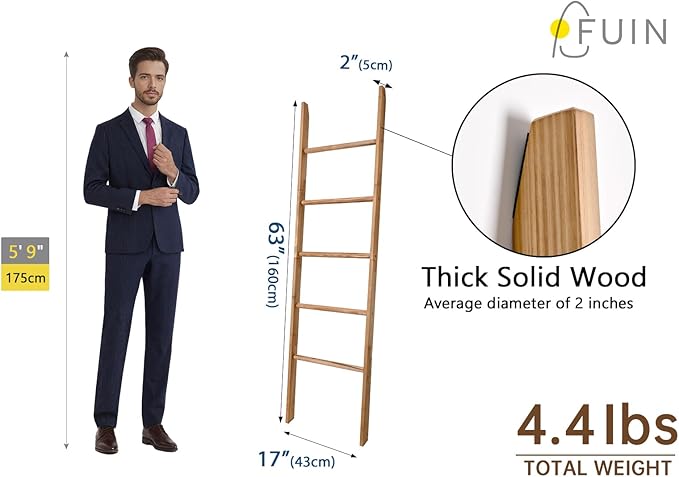FUIN 63inch Wooden Blanket Ladder, Wood Towel Ladder, Rustic Decorative Ladder for Blankets, Farmhouse Quilt Rack for Living 