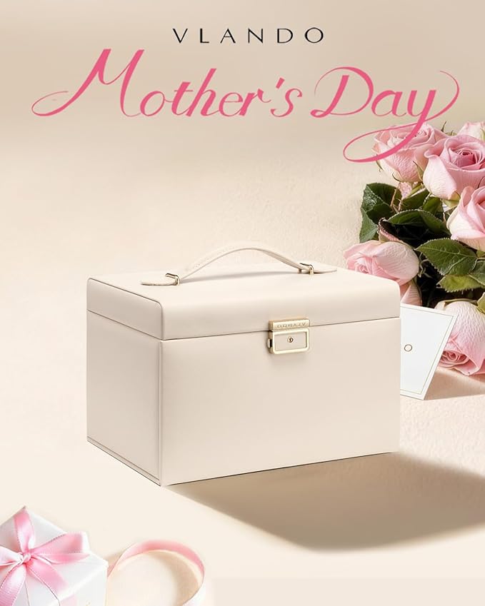 Vlando Jewelry Box for Mothers Day Teacher Appreciation Gifts, 4-Tier Jewelry Organizer with Lock, Mirror Jewelry Box for Ear