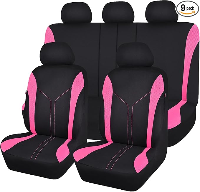 Flying Banner Car Seat Covers Full Set Front Seats and Rear Bench Mesh Fabric Splicing Polyester Cover Black with Pink Color