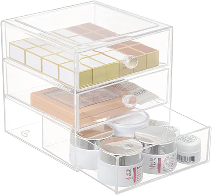 AJIODA Makeup Drawer Organizer Box with 3 Drawers, Acrylic Cosmetic Display Case Vanity Organizer Jewelry Storage Box Stackab