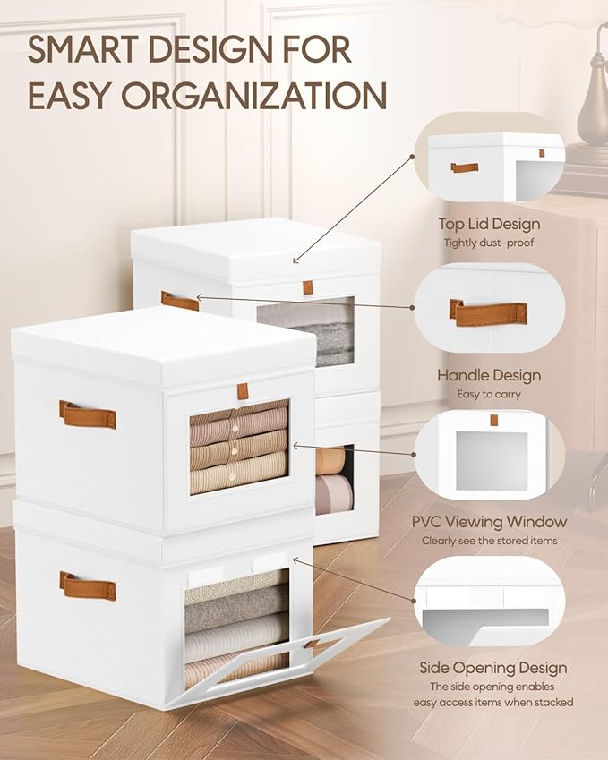 Homsorout Storage Bins with Lid – Closet Organizer with Side Opening and Clear Window, Foldable Stackable Fabric Basket for C