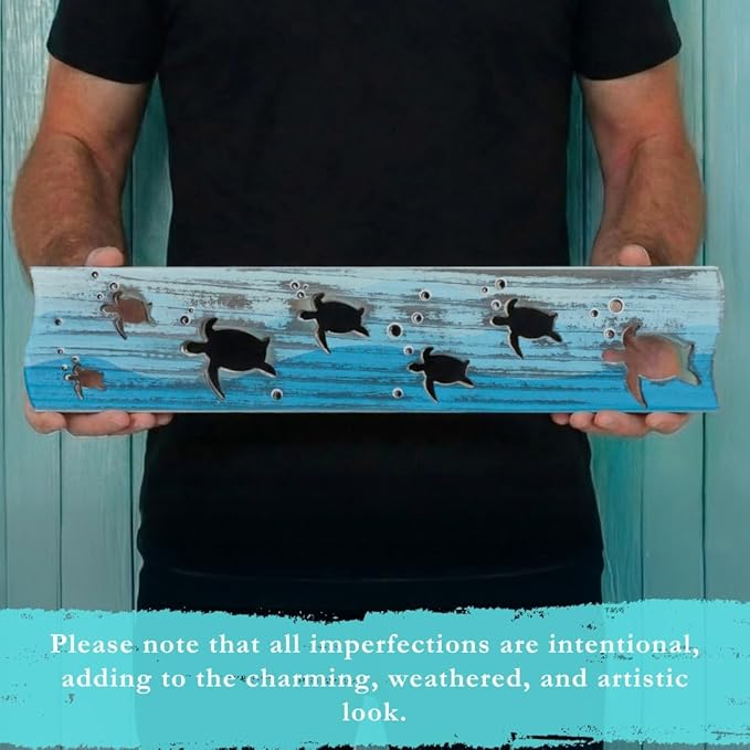 Sea Turtle Driftwood Wall Art & DIY Key Holder – Handmade Coastal Home Decor – 17.5" Genuine Weathered Wood Plank with 5 Remo