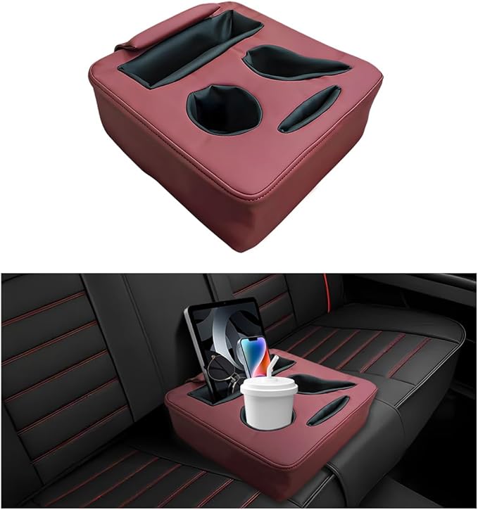 Car Back Seat Organizer, Leather Automotive Rear Seat Couch Cup Holder Expander Tray, Vehicle Cup Holder Tray Holds Snacks Remotes Phones for Truck RV Boat Couch Pillow Bed (Wine Red)