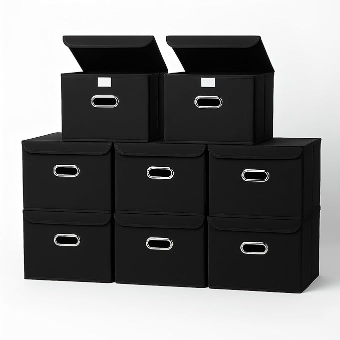 STOREONE Fabric Storage Cube Bins Foldable Organizer Container Collapsible Basket with Lids and Metal Handles, for Home, Bedr