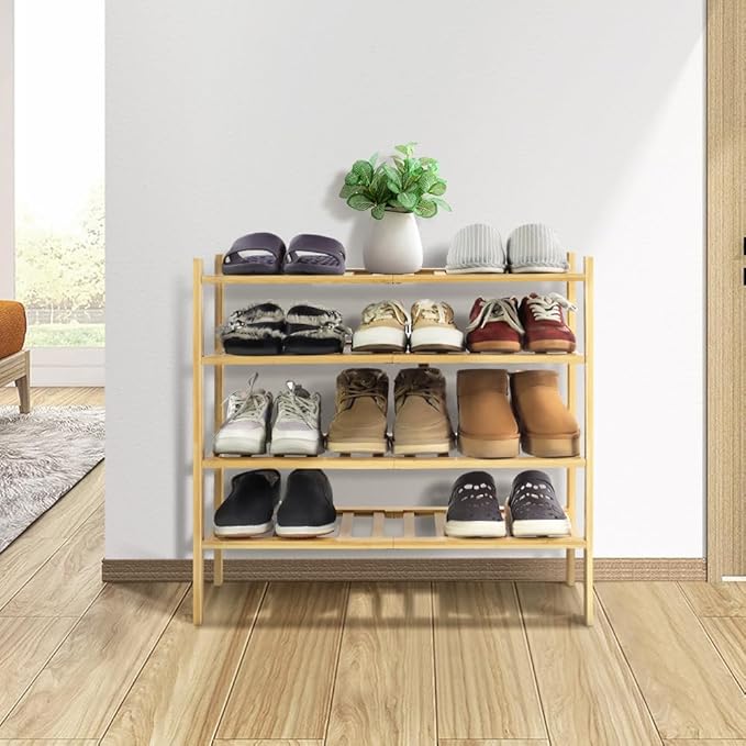 WKWKER 4-Tiers Bamboo Shoe Rack Stackable Free Standing Shoe Racks Portable Shoe Storage Organizer Stackable Shelf for Entryw