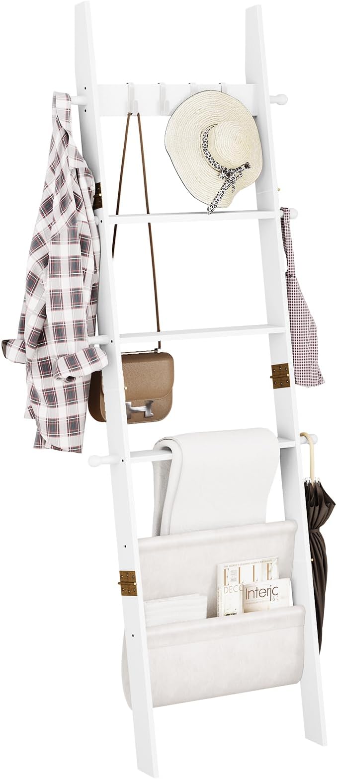 ELYKEN Blanket Ladder, 5-Tier Farmhouse Wooden Rack with Synthetic Leather Pocket, 4 Removable Hooks, Decorative Leaning Ladd