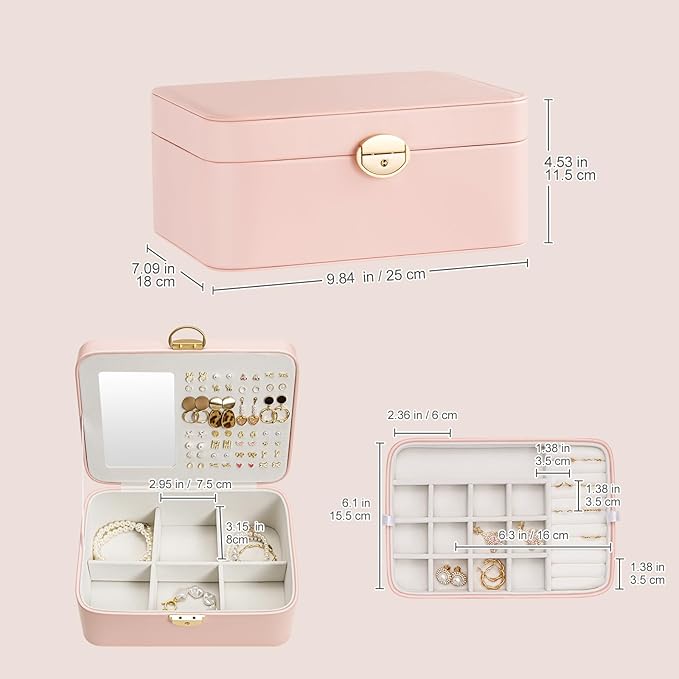 Lolalet 2 Layer Jewelry Box with Lock and Key for Teen Girls & Young Women, Jewelry Organizer Case with Round Clasp and Mirro
