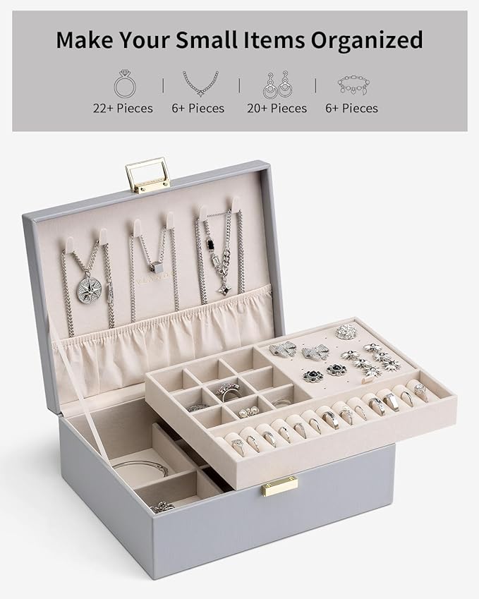 Vlando 2 Layer Jewelry Box Large Jewelry Organizer for Women Removable Jewelery Tray for Necklace Earrings Rings Bracelets Je