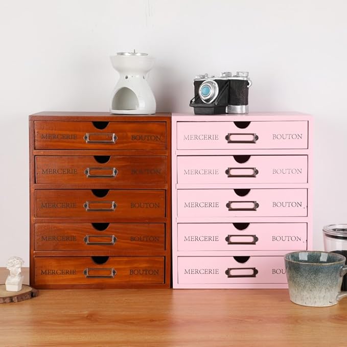 Wooden Storage Box with 5 Drawers Apothecary Drawers Vintage Wooden Drawers Wood Desktop Organizer with Drawers Countertop Dr