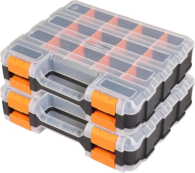 Jack Boss Tool Box with Transparent Lid, Double Side 34-Compartments Organizer Box with Removable Dividers for Hardware, Scre