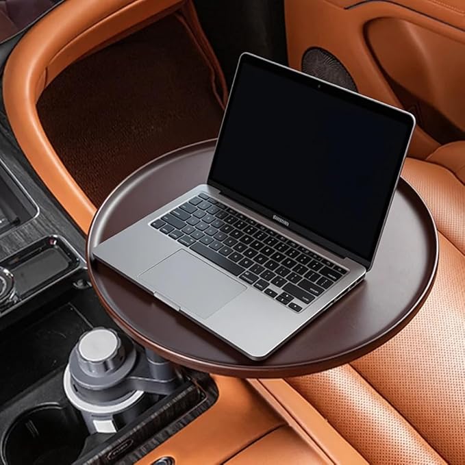 360° Rotating Car Tray & Laptop Desk - Universal Steering Wheel Tray with Wood Cup Holder, Fits for Tesla Model Y/3/S, Ford F150/Explorer/Maverick & Most Cars/Trucks/SUVs