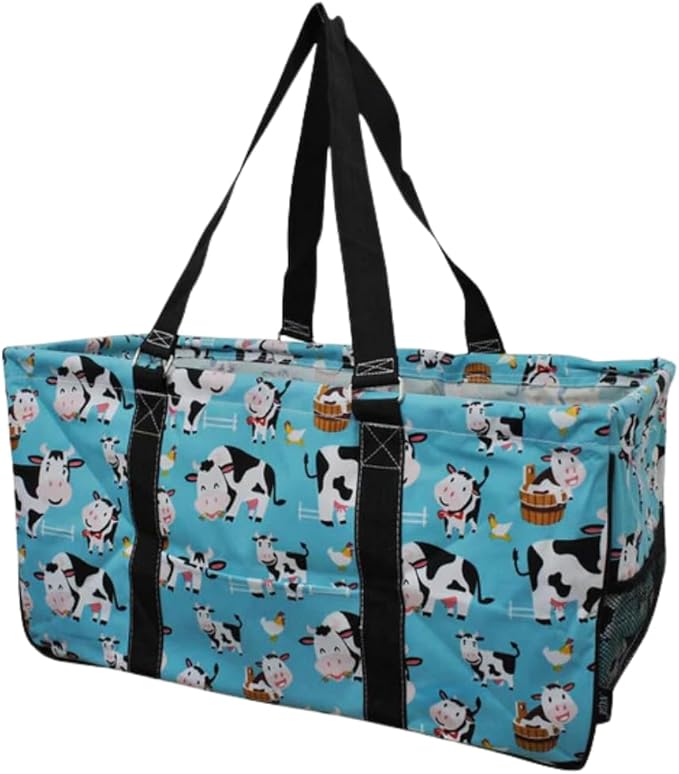NGIL Extra Large Utility Tote Reusable Grocery Bag Oversized Collapsible for Groceries, Storage, Picnic, Beach (Cow in Town-Black)