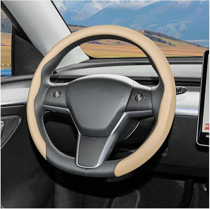Car Nappa Leather Steering Wheel Cover, 15" Fashionable 5D Anti-Slip Vehicle Steering Wheel Protector, Breathable Auto Interi