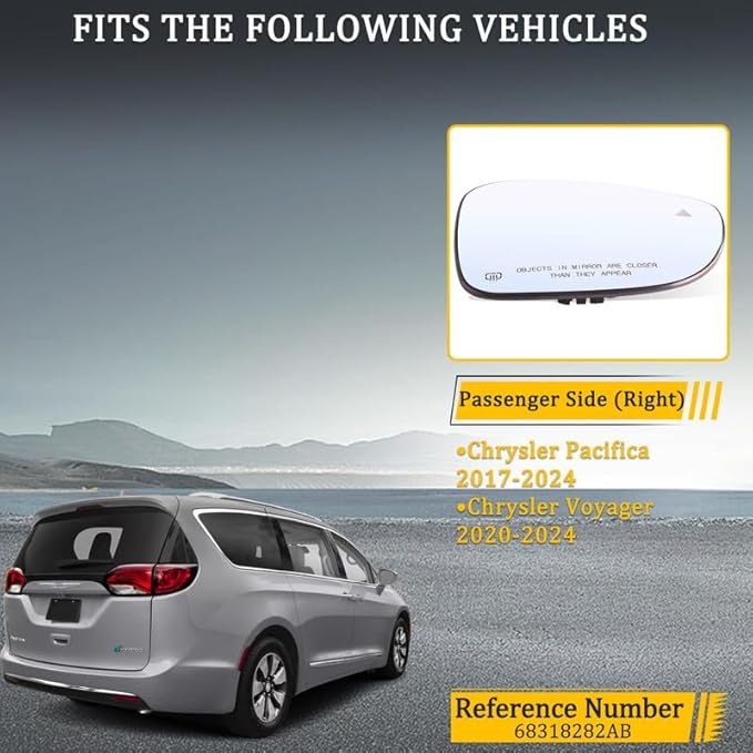 Right Side Mirror Glass w/Heated|Blind Spot Detection Compatible for 2017-2024 Chrysler Pacifica, 2020-2024 Voyager Passenger Mirror Glass Replacement 68318282AB ﻿