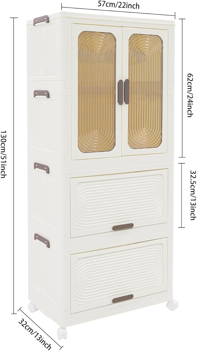 Portable Wardrobe Closet with Wheels 3-Tier Foldable Storage Cabinet Hanging Organizer with 10 Hangers Easy Assembly for Kids