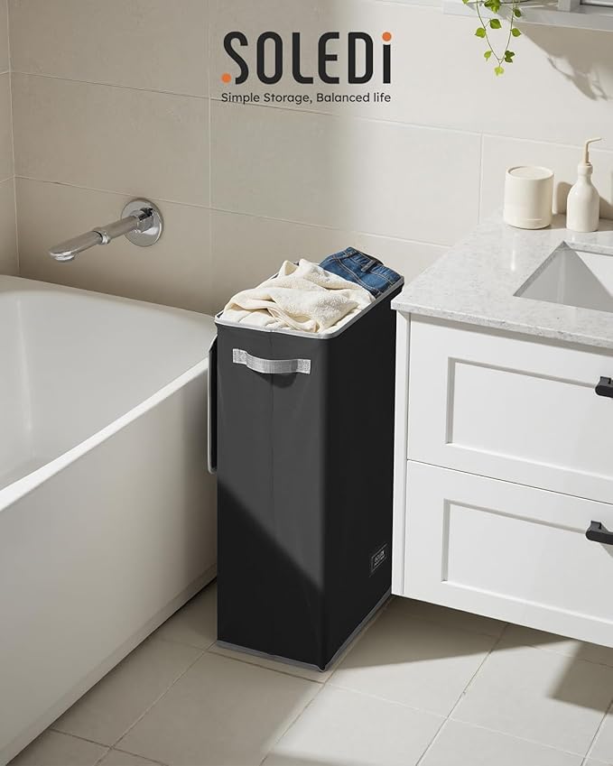 SOLEDI Slim Laundry Hamper with Lid, Narrow Laundry Basket with Removable Bags, Dirty Clothes Hamper with handle, Small Hampe
