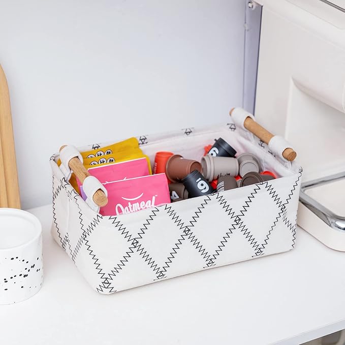 Decorative Collapsible Rectangular Fabric Storage Bin Organizer Basket with Wooden Handles for Clothes Storage,12.6x8.7x4.7 i