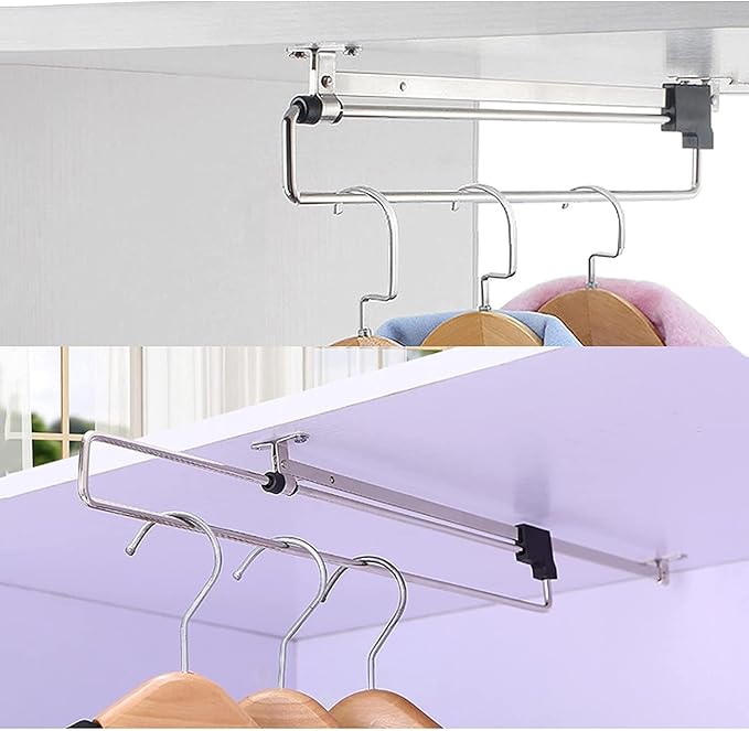 Wardrobe Clothes Rail, Wardrobe Chrome Pull Out Retractable Wardrobe Clothes Hanger Rail Towel Coat Racks Closet Rod, Extendi