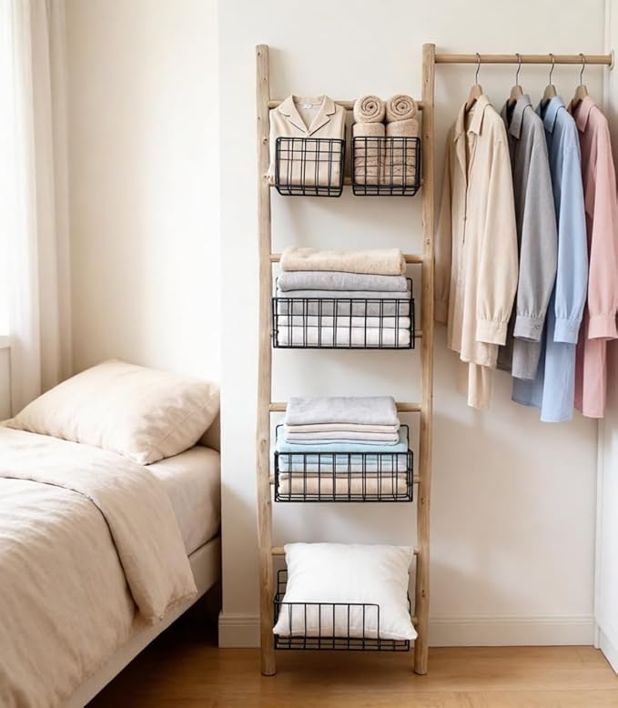 PARISLOFT 8-Tier Wooden Blanket Ladder with 5 Removable Baskets, Farmhouse Leaning Ladder Shelves for Living Room & Bedroom, 
