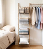 PARISLOFT 8-Tier Wooden Blanket Ladder with 5 Removable Baskets, Farmhouse Leaning Ladder Shelves for Living Room & Bedroom, 