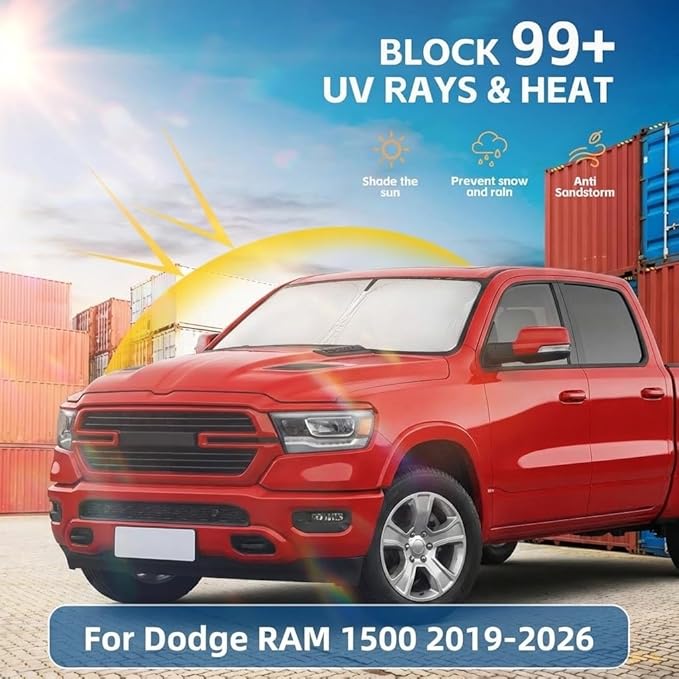 Windshield Sun Shade for Dodge RAM 1500 2019-2025 2026 Front Window Shade Custom Fit RAM 1500 Accessories RegularCab QuadCab CrewCab MegaCab Sun Visor Foldable Shade Blocks UV Rays Car Accessories
