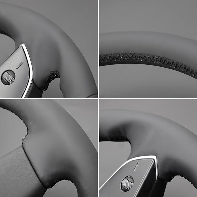 MEWANT Hand Stitched Matte Carbon Real Leather Steering Wheel Cover Wrap for Tesla Model 3 Highland 2023 2024 2025 Steering Wheel Accessories Black Thread