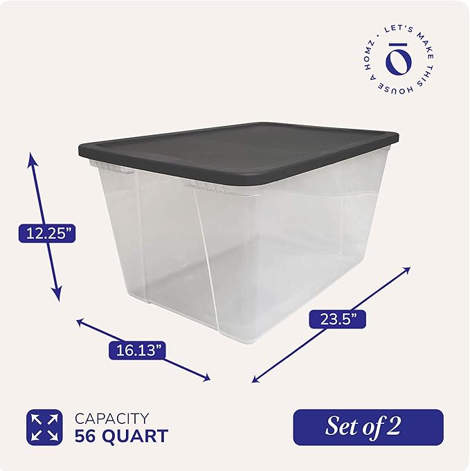 HOMZ 2-Pack Snaplock, Large Clear Plastic Storage Organizer Bins w/Lids, 56 Quart, Gray - Stackable Container Boxes for Bedro