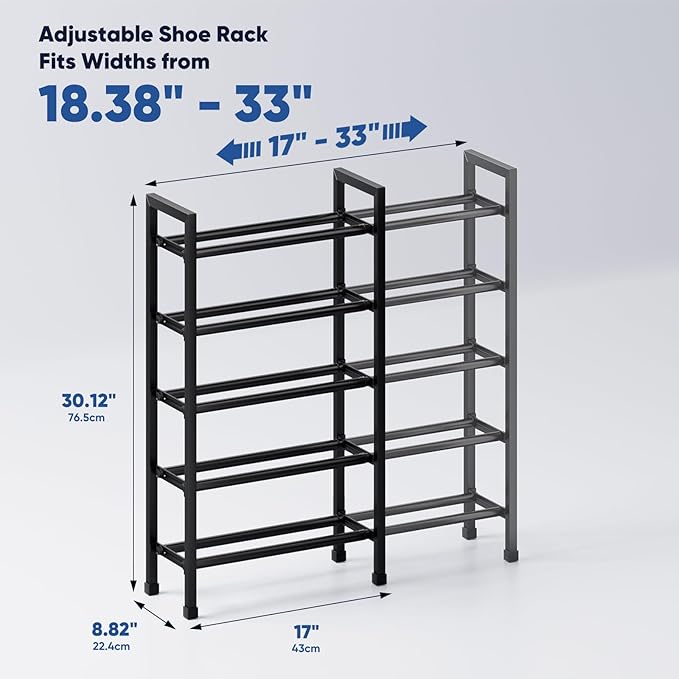 Abiglifty 5-Tier Expandable Shoe Rack,17"-33" Adjustable Shoe Rack for Closet,Metal Shoes Shelves for Front Door Entrance, Ga