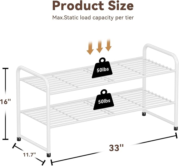 2 Tier Stackable Shoe Rack, 32.5" Wide All Metal Free Standing Shoe Storage Organizer for Entryway, Closet, White
