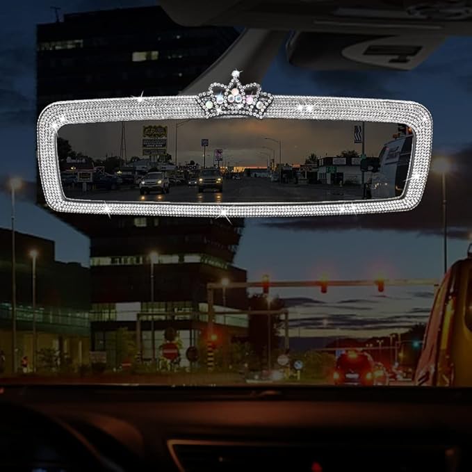 Bling Rhinestone Rear View Mirror Cover, Car Rea r Views Mirro r with Crystal Diamonds Bling Rhinestones Ca r Rears Vie w Mirrors Cars Interior Trim(White,Size:1.56x1.18inch)