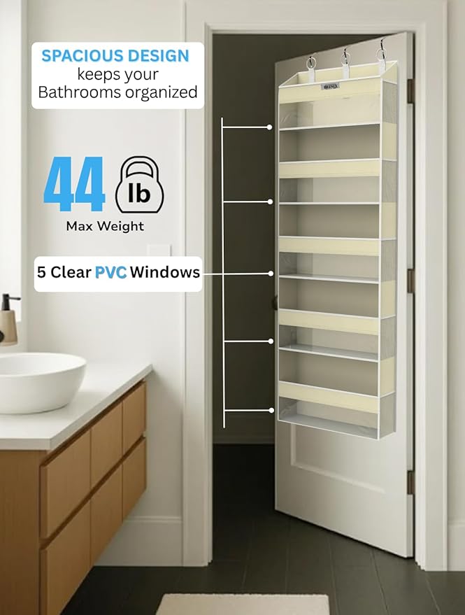 Over the Door Organizer with 5 Large Pockets & 10 Mesh Side Pockets – Durable Hanging Storage for Closet, Bathroom, Bedroom, 