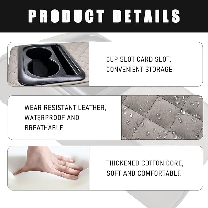 Car Center Console Armrest Pillow, Waterproof Car Armrest Cover Cushion with Cup and Phone Holder, Memory Foam Arm Rest Box Protector for Most Vehicles, Car Accessories (Gray)