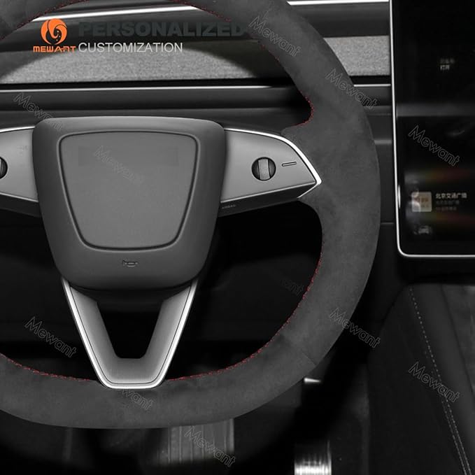 MEWANT Hand Stitched Matte Carbon Fiber&PU Leather Steering Wheel Cover Wrap for Tesla Model 3 Highland 2023 2024 2025 Steering Wheel Accessories