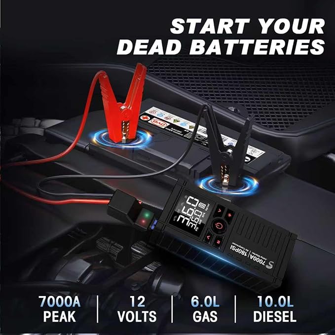 Jump Starter with Air Compressor, 7000A 180PSI Car Battery Jump Starter Jump Box (All Gas/10.0L Diesel), Battery Jumper
