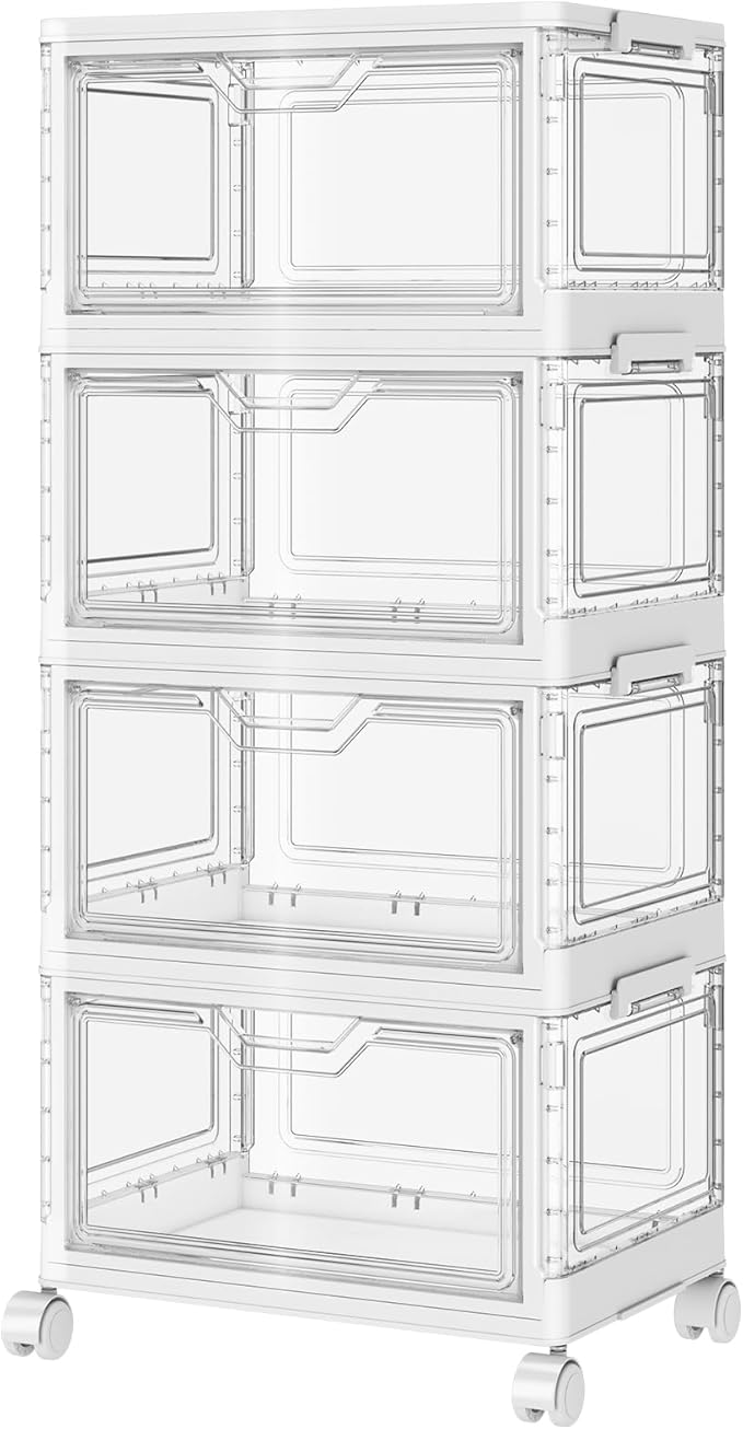 SNSLXH Portable Clear Storage Bins with Lid & Wheels, 24QT Clear Storage Bins with Lid, 4-Tier Plastic Bins with Wheels, Stac