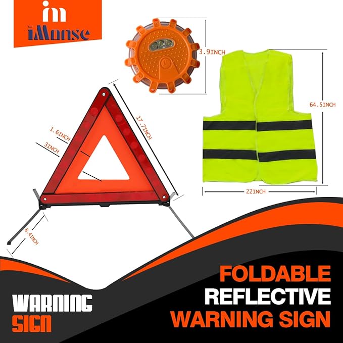 Warning Safety Triangle Kit, Emergency Roadside Warning Reflective Triangle 2 Packs with 1 LED Road Flare Light, Foldable wit