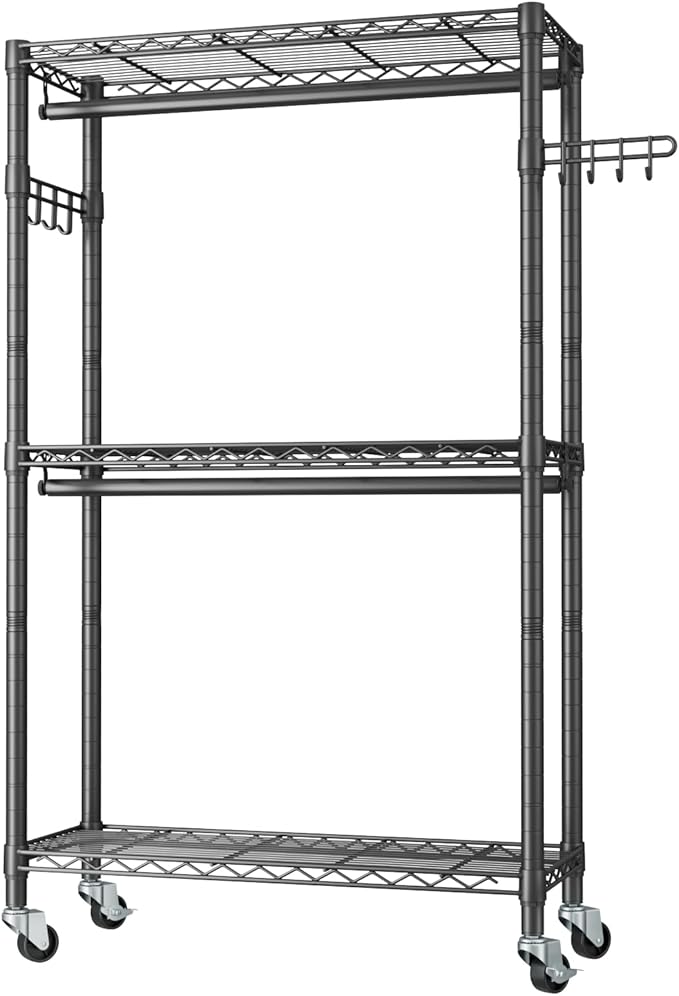 Heavy Duty Clothes Rack Rolling Garment Rack,3 Tier Adjustable Wire Shelving Clothing Racks for Hanging Clothes with Double R