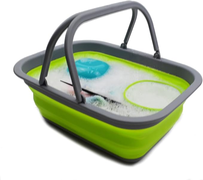 SAMMART 9.2L (2.37Gallon) Collapsible Tub with Handle - Portable Outdoor Picnic Basket/Crater - Foldable Shopping Bag - Space Saving Storage Container (1, Dark Gray/Fluorescent Green)