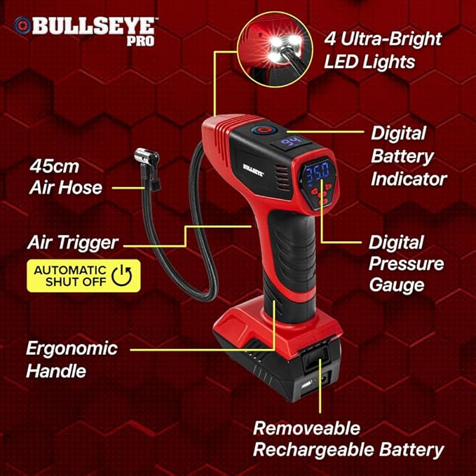BULLSEYE PRO Tire Inflator with Pressure Gauge, Compact and Portable, Automatic Shut Off, 150 PSI Max, USB Home Rechargeable and Cord for Vehicular Use As Seen On TV (9475)