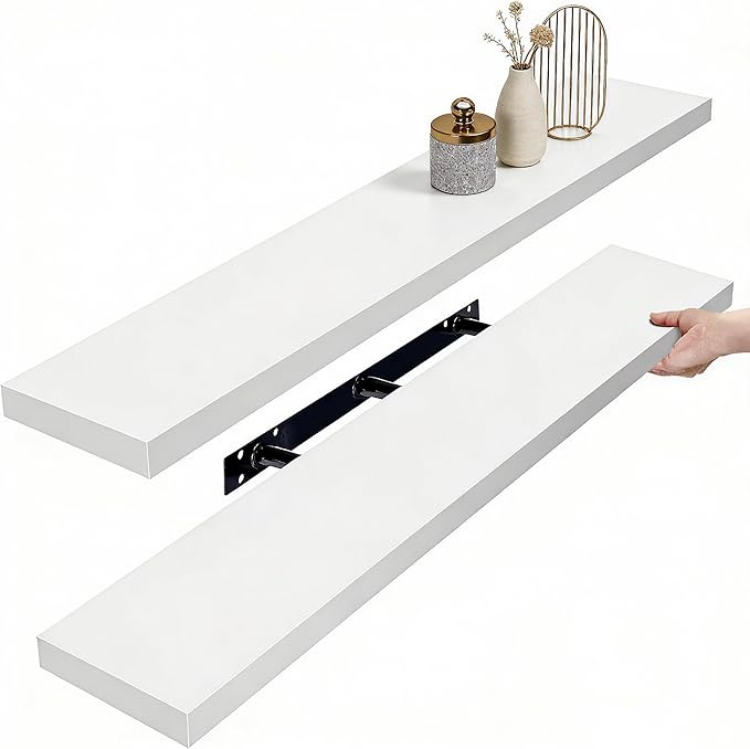 IEO Long Wooden Floating Shelves for Room Wall, Natural Wood Floating Shelves Wall Mounted Kitchen Shelf for Living Room, Bed