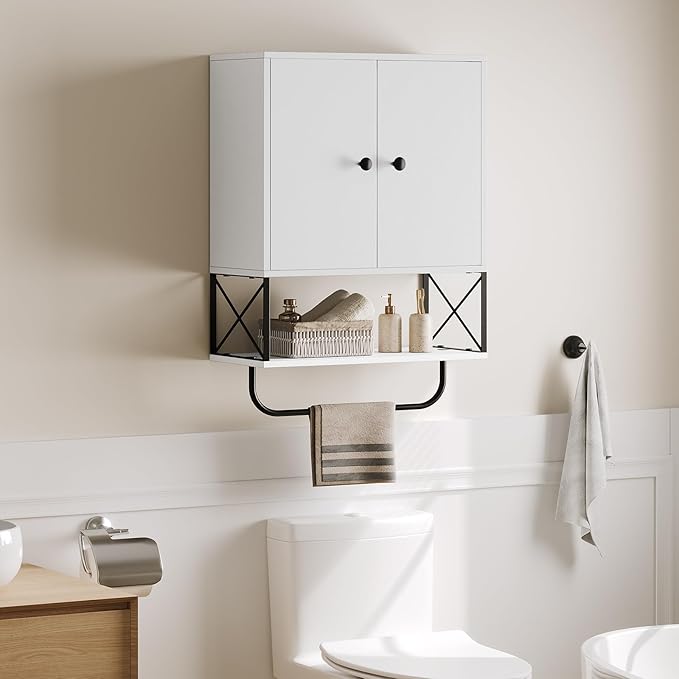 MAHANCRIS Bathroom Wall Cabinet with 2 Door and Adjustable Shelf, Farmhouse Medicine Cabinet with Towel Rack, 3-Tier Wall Mou
