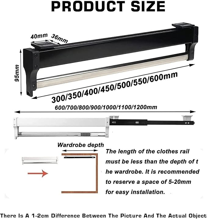 Adjustable Heavy Duty Pull Out Clothes Rail, 300-600mm Extendable Hanger Rod for Closet Organization, Ideal for Trousers & Ti