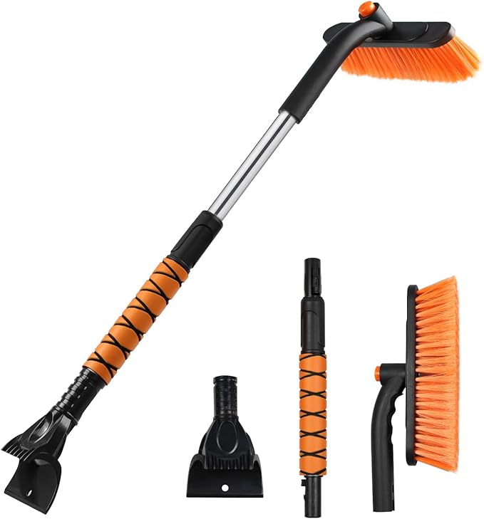 33" Extendable Snow Brush and Ice Scraper for Car Windshield, 2-in-1 Car Snow Brush & Ice Scraper with 360° Pivoting Brush Head and Comfortable Foam Grip for SUV Trucks Sedans,Orange ﻿