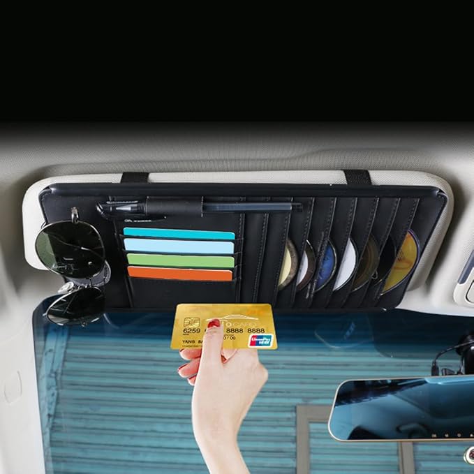 Car Sun Visor Pocket Organizer, Car CD/DVD Holder Storage Case, Multi-Pocket Visor Organizer Storage Pouch, Glasses Clip Storage Bag, Auto Interior Accessories Pockets Organizer (Black)