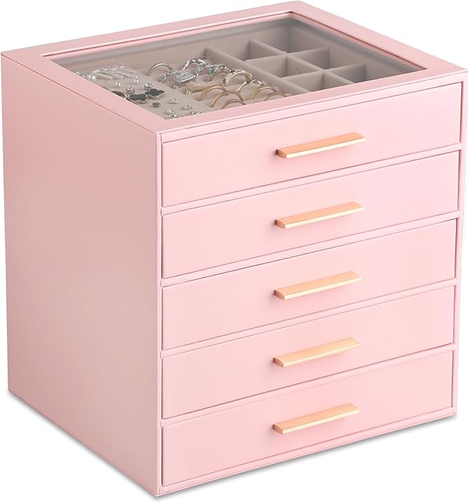 Frebeauty Clear Lid Jewelry Box,5-Layer Jewelry Organizer with Drawer,PU Leather Jewelry Organizers and Storage,Jewelry Boxes