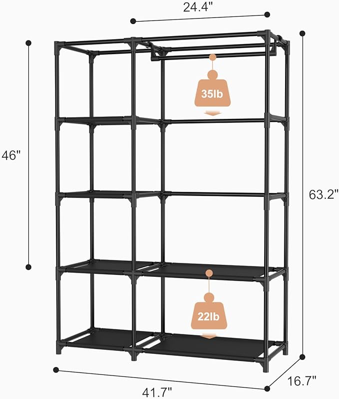 Portable Closets for Hanging Clothes, Wardrobe Closet with Hanging Rod and Clothing Storage Shelves, 8 Side Pockets, Free Sta