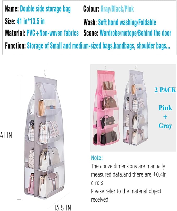 AARAINBOW 2 Packs Hanging Handbag Purse Organizer, Hanging Hand Bag Organizer Wardrobe Closet Purse Holder, 8 Pockets, 43.3L 