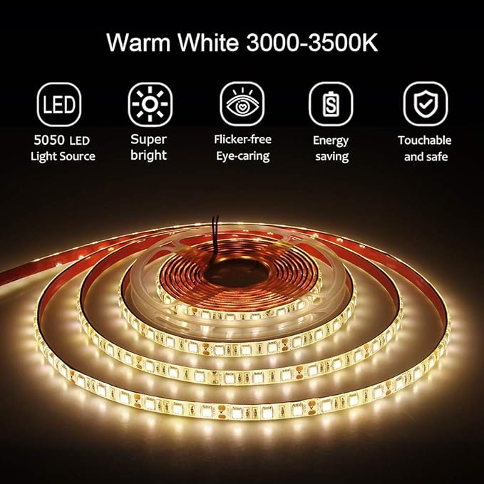 ALITOVE 16.4ft Warm White 3500K 5050 SMD LED Flexible Strip Ribbon Light 5M 300 LEDs Waterproof IP65 DC 12V for Home Garden Commercial Area and Festival Lighting