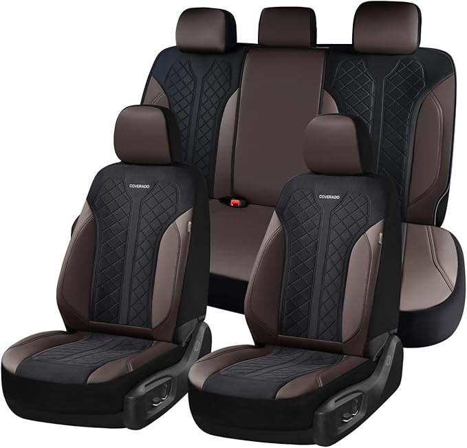 Coverado Seat Covers for Car 5 Seats, Leather Car Seat Covers Fullset, Breathable Mesh Front and Rear Protectors, Coffee Luxu